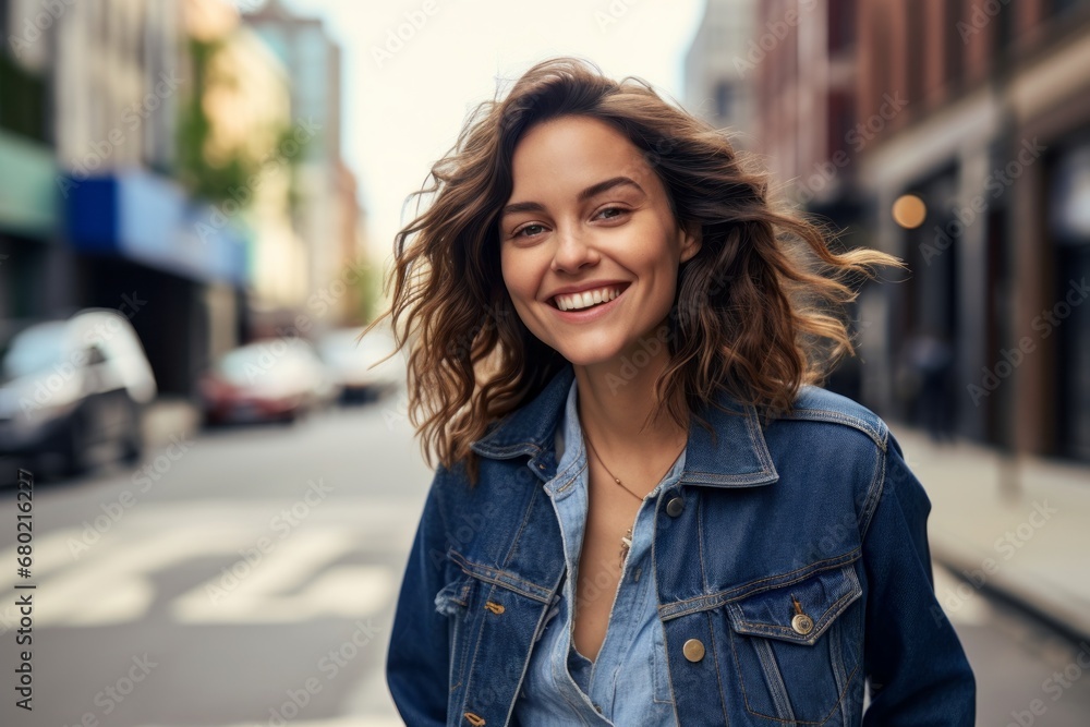 Fototapeta premium Portrait of a happy woman in her 30s sporting a rugged denim jacket against a bustling city street background. AI Generation
