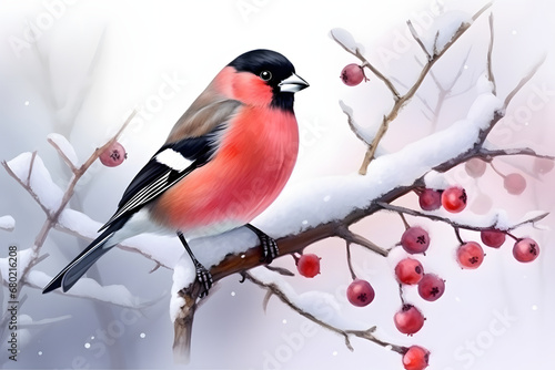 Bullfinch, watercolor drawing. Winter clipart, a bird sitting on a branch. White background.