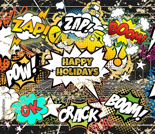 Happy Holiday. Comic elements, vintage, retro style. Anime, manga. 