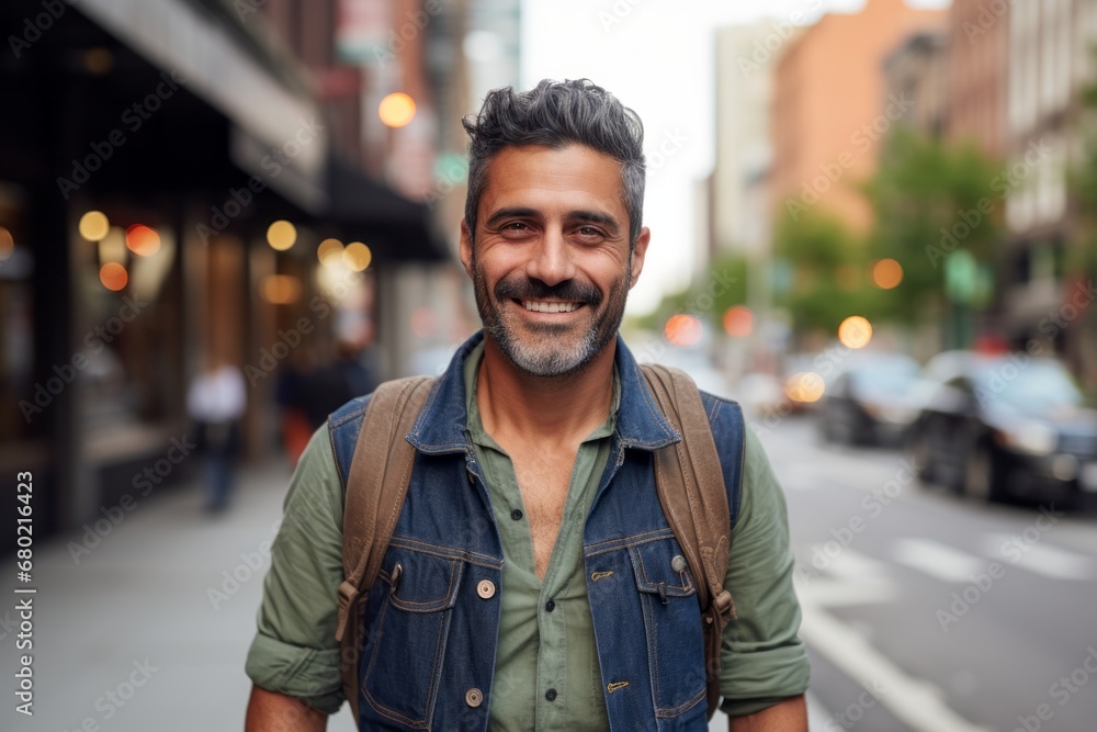 Portrait of a smiling man in his 40s wearing a rugged jean vest against a bustling city street background. AI Generation Portrait of a smiling man in his 40s wearing a rugged jean vest against a bustling city street background. AI Generation