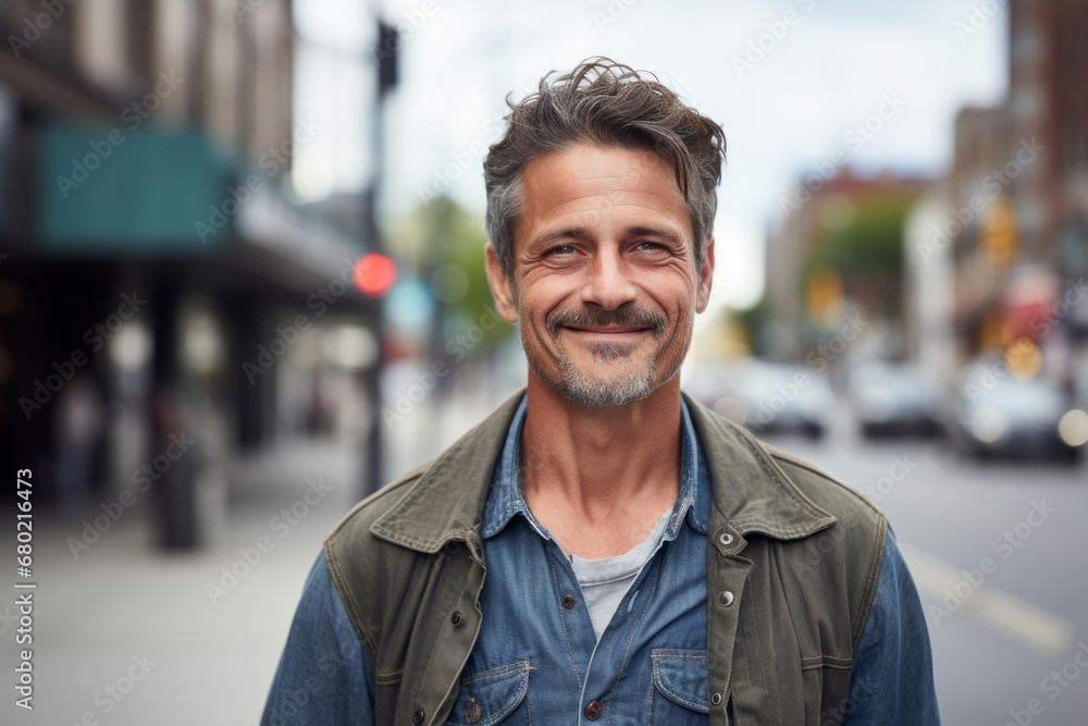Portrait of a smiling man in his 40s wearing a rugged jean vest against a bustling city street background. AI Generation Portrait of a smiling man in his 40s wearing a rugged jean vest against a bustling city street background. AI Generation