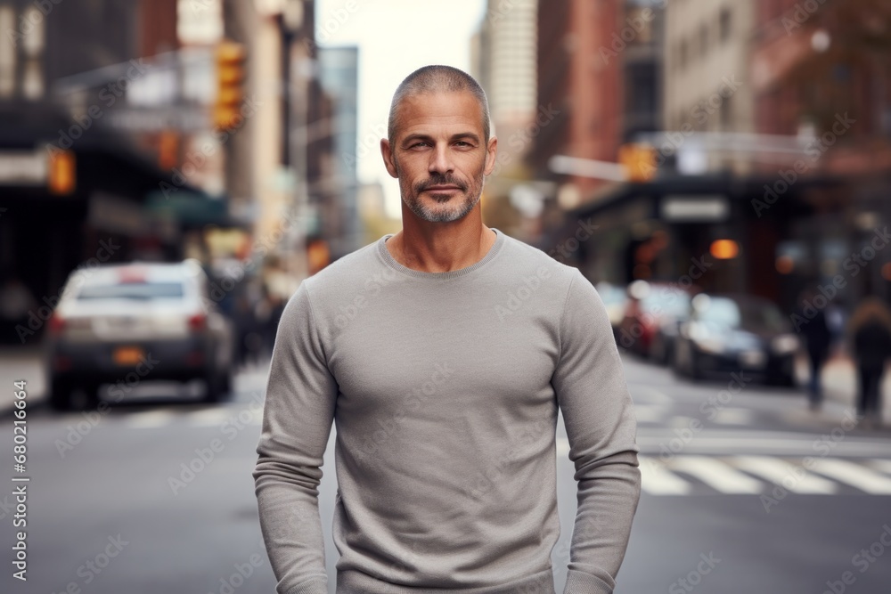 Portrait of a tender man in his 40s showing off a thermal merino wool top against a bustling city street background. AI Generation