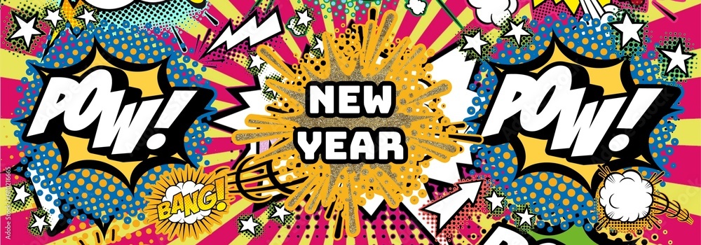 Comics Happy new year illustration. Vintage style, cartoon elements. Holiday pattern with lettering, collage, graffiti style.