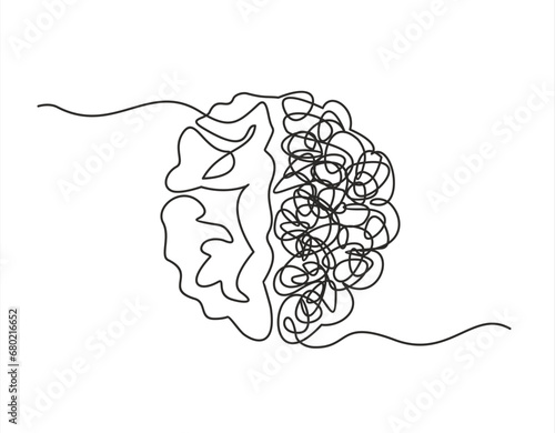 Human brain creativity vs logic chaos and order a continuous line drawing concept, organised vs disorganised left and right brain hemispheres as a chaos theory metaphor, one line vector illustration