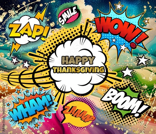 Happy Thanksgiving, Holiday comics, Magic background. Cartoon elements, vintage style.