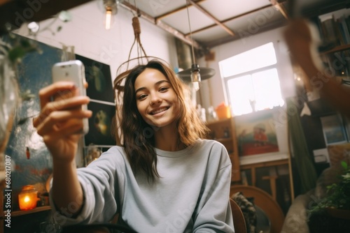 Cheerful woman in casual attire taking selfie, cozy home environment, indoor leisure photo