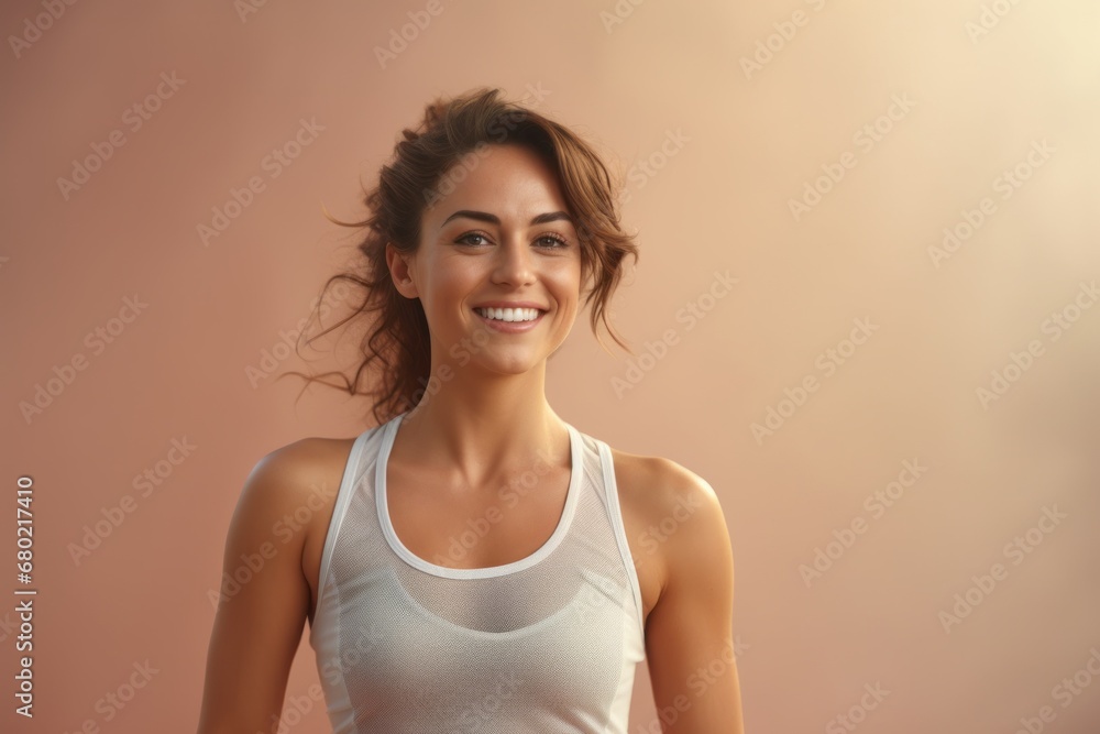 Portrait of a grinning woman in her 30s dressed in a breathable mesh vest against a pastel or soft colors background. AI Generation Portrait of a grinning woman in her 30s dressed in a breathable mesh vest against a pastel or soft colors background. AI Generation