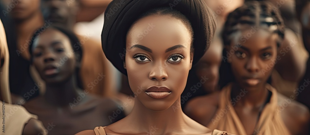 background, a woman stood surrounded by a diverse group of people, showcasing her fashion sense. The girl exuded beauty, with her flawless black skin and a cute face that captivated onlookers. Her background, a woman stood surrounded by a diverse group of people, showcasing her fashion sense. The girl exuded beauty, with her flawless black skin and a cute face that captivated onlookers. Her
