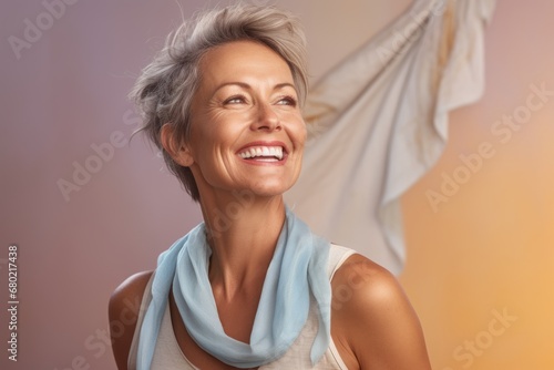 Portrait of a grinning woman in her 30s dressed in a breathable mesh vest against a pastel or soft colors background. AI Generation photo