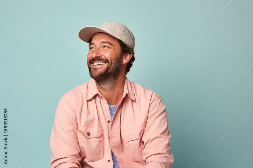 Portrait of a cheerful man in his 30s sporting a vented fishing shirt against a pastel or soft colors background. AI Generation Portrait of a cheerful man in his 30s sporting a vented fishing shirt against a pastel or soft colors background. AI Generation