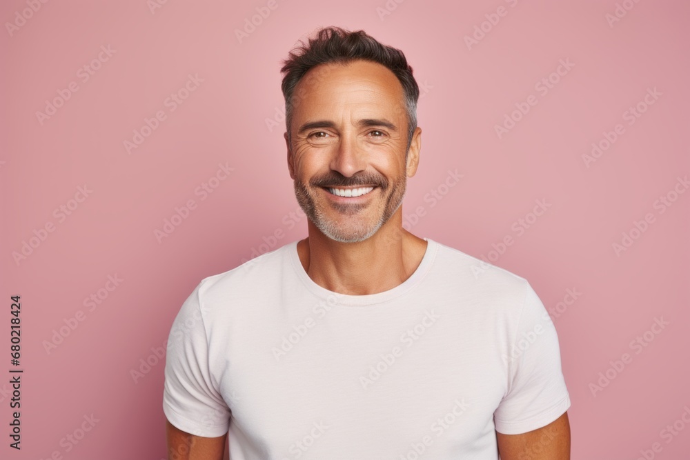Portrait of a satisfied man in his 40s sporting a vintage band t-shirt against a pastel or soft colors background. AI Generation Portrait of a satisfied man in his 40s sporting a vintage band t-shirt against a pastel or soft colors background. AI Generation