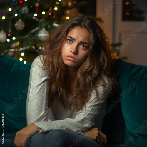 Portrait of a young Sad woman sitting at home at Christmas © rayannegraff
