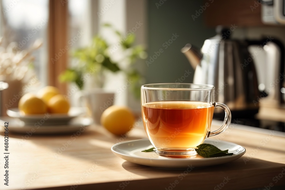 Cup of tea on a modern stylish scandi kitchen design with soft sunny background. AI generated Cup of tea on a modern stylish scandi kitchen design with soft sunny background. AI generated