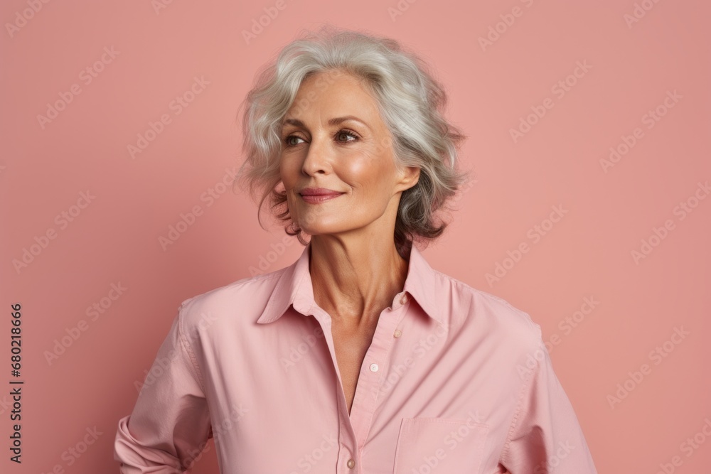 Portrait of a glad woman in her 50s sporting a vented fishing shirt against a pastel or soft colors background. AI Generation Portrait of a glad woman in her 50s sporting a vented fishing shirt against a pastel or soft colors background. AI Generation