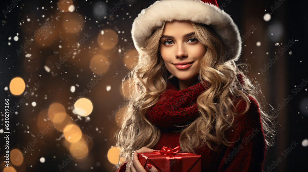 Beautiful woman wearing a red Santa hat is standing against a bokeh light background. He is smiling and looking at the camera. Beautiful woman wearing a red Santa hat is standing against a bokeh light background. He is smiling and looking at the camera.