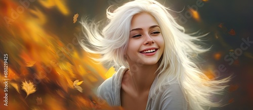 The happy girl with delicate features and a cute smile is enjoying the beauty of nature during the summer and autumn seasons, as people and women alike admire her white hair and radiant face in this