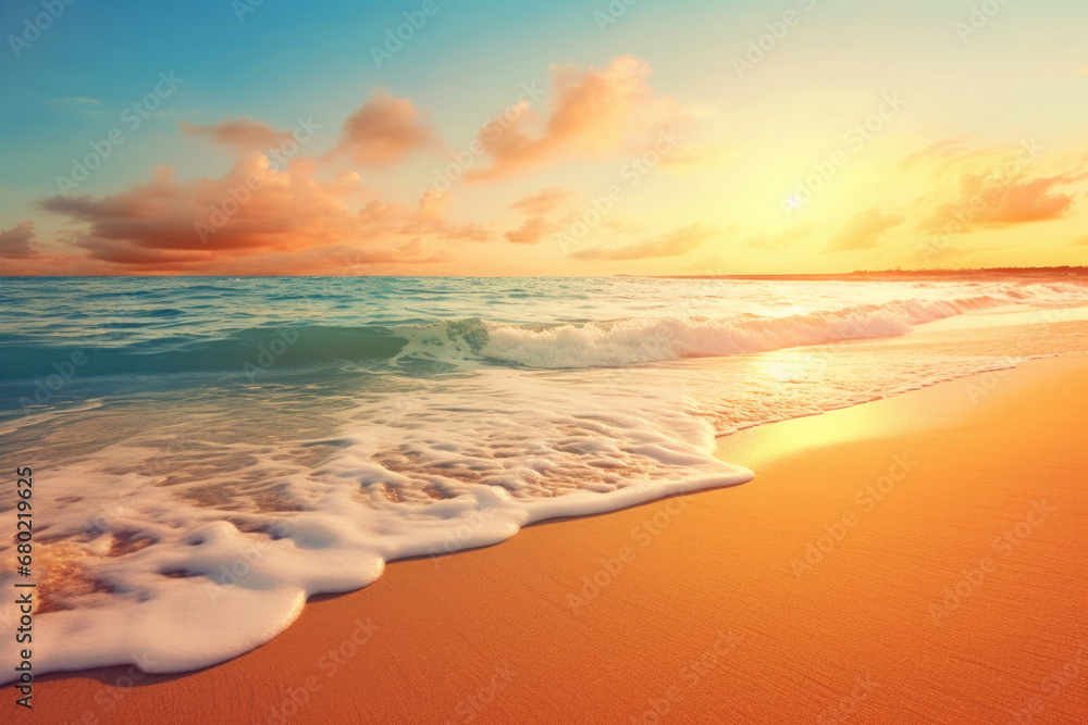 Tropical beach and and golden sunrise sky