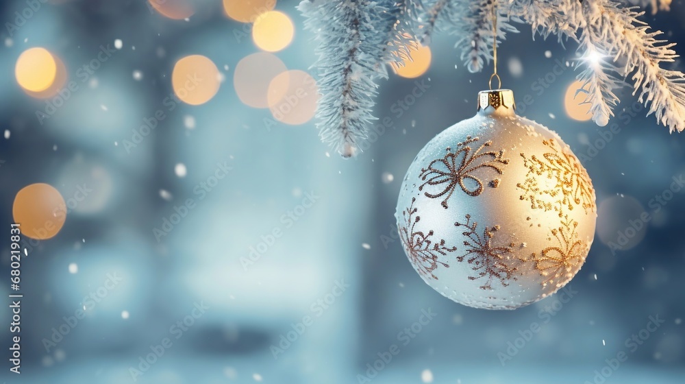 A beautiful shiny blue Christmas ball on a snowy fir branch A beautiful shiny blue Christmas ball on a snowy fir branch