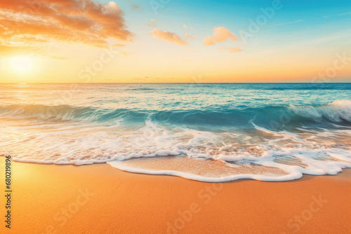 Tropical beach and and golden sunrise sky