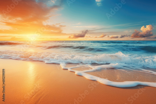 Tropical beach and and golden sunrise sky