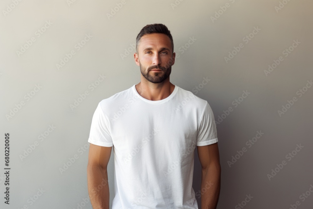 Portrait of a satisfied man in his 30s donning a trendy cropped top against a minimalist or empty room background. AI Generation Portrait of a satisfied man in his 30s donning a trendy cropped top against a minimalist or empty room background. AI Generation