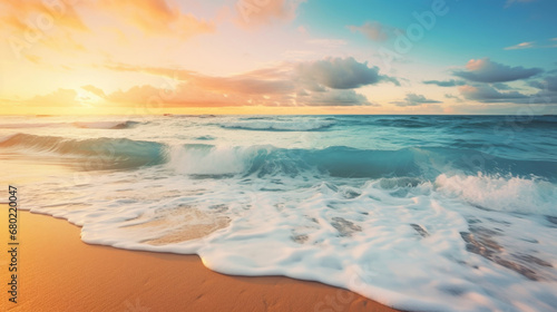 Tropical beach and and golden sunrise sky