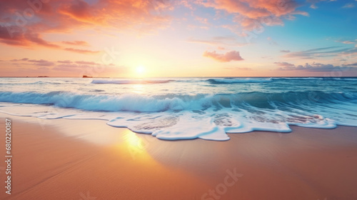 Tropical beach and and golden sunrise sky