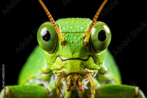 Close up of green grasshopper isolated on black background. Macro