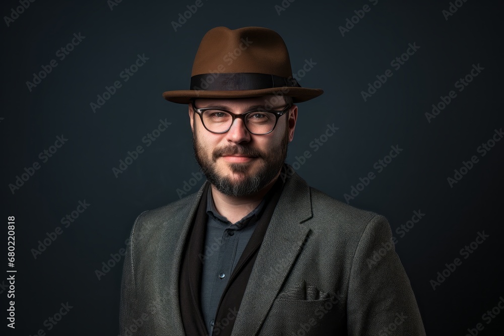 Portrait of a jovial man in his 30s donning a classic fedora against a minimalist or empty room background. AI Generation Portrait of a jovial man in his 30s donning a classic fedora against a minimalist or empty room background. AI Generation