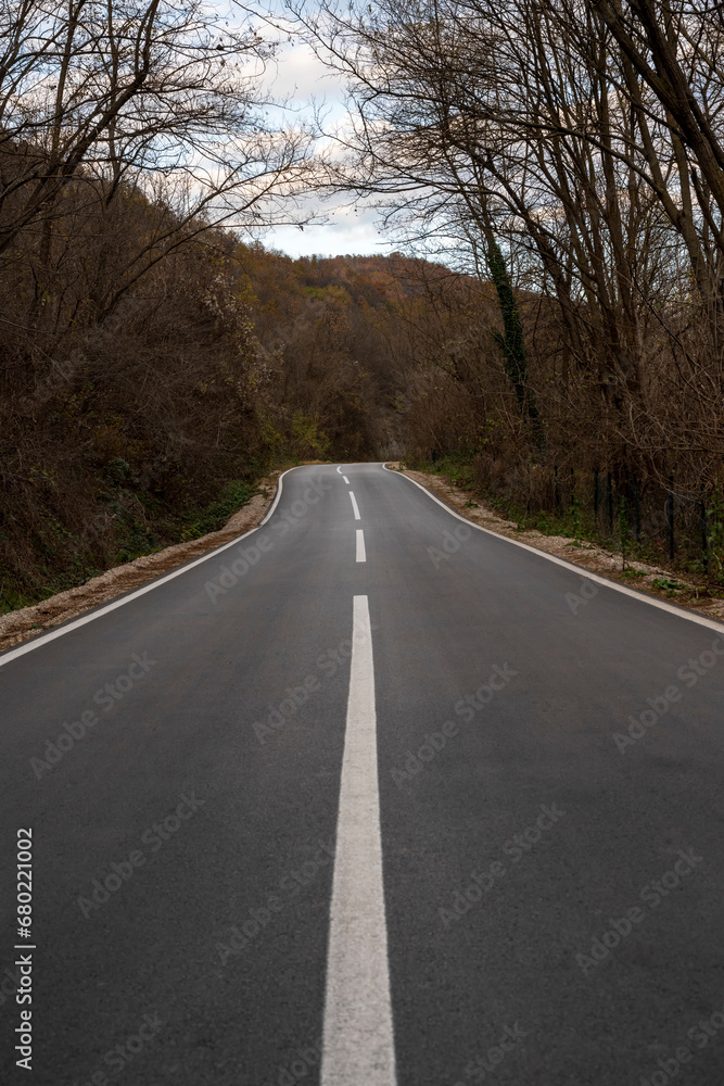 New country road in autumn.  Country road cutting through green fields in the countryside. Empty asphalt road in rural landscape with dramatic clouds. Open Road.  