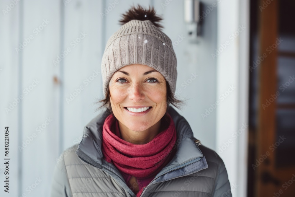 Portrait of a smiling woman in her 40s dressed in a warm ski hat against a minimalist or empty room background. AI Generation Portrait of a smiling woman in her 40s dressed in a warm ski hat against a minimalist or empty room background. AI Generation