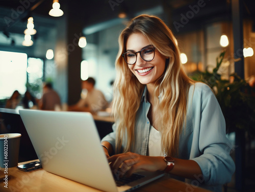 Business woman working on laptop in office environment - ai generative
