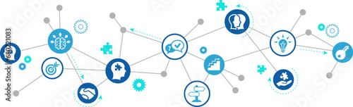 Mental health vector illustration. Blue concept with icons related to psychotherapy / counseling / therapy, psychiatrist or therapist session, help or counseling.