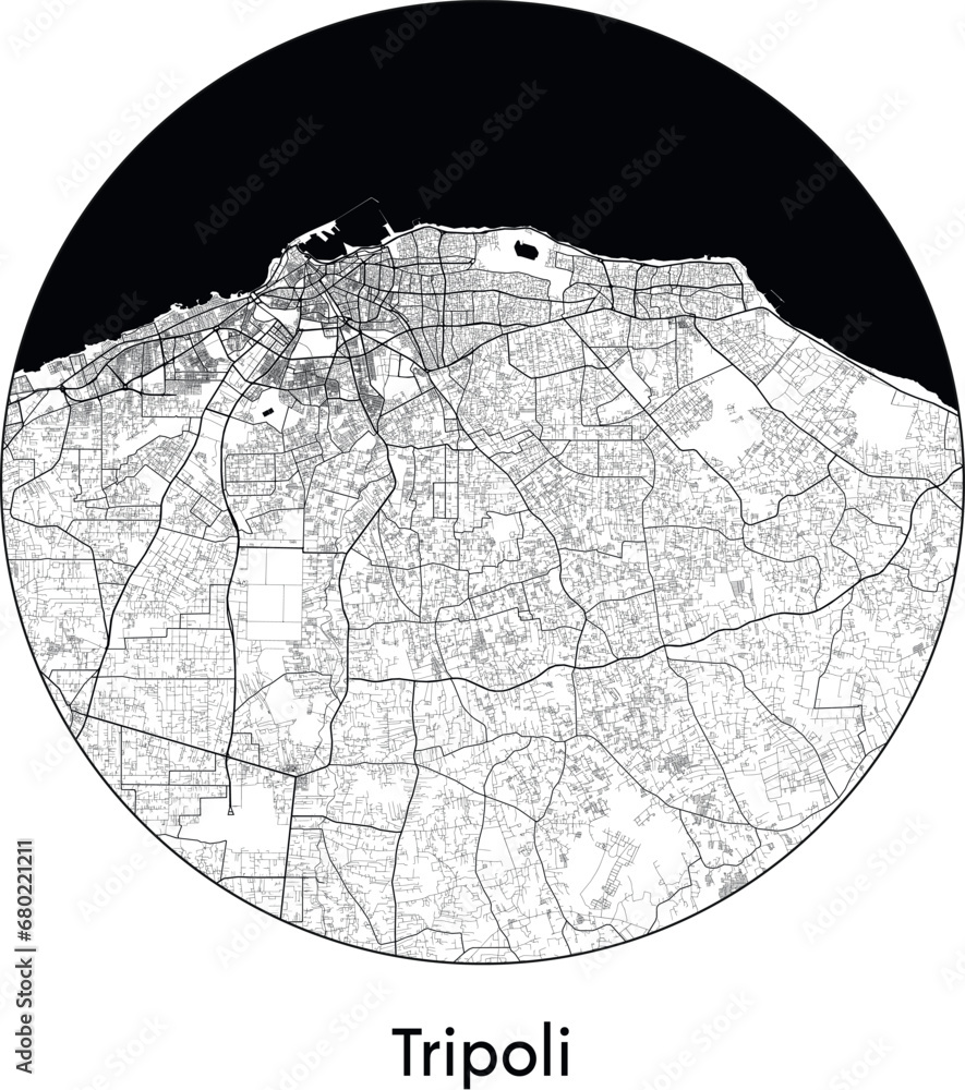 Obraz premium Minimal City Map of Tripoli (Libya, Africa) black white vector illustration