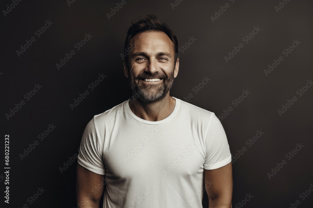 Fototapeta premium Portrait of a smiling man in his 40s sporting a vintage band t-shirt against a minimalist or empty room background. AI Generation