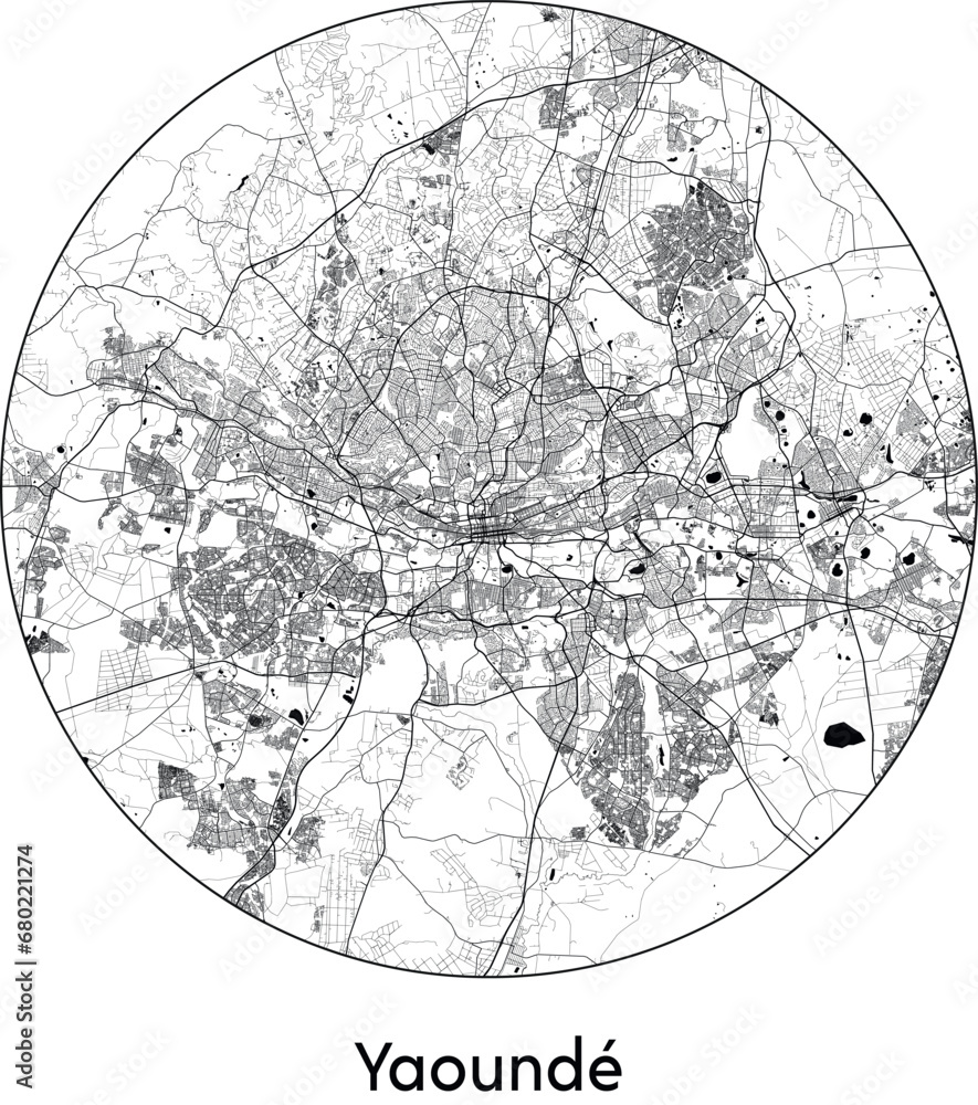 Minimal City Map of Yaounde (Cameroon, Africa) black white vector illustration Minimal City Map of Yaounde (Cameroon, Africa) black white vector illustration