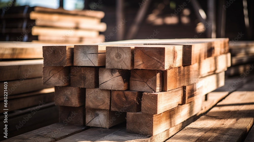 A stack of rough-hewn wooden planks in a lumberyard. A stack of rough-hewn wooden planks in a lumberyard.
