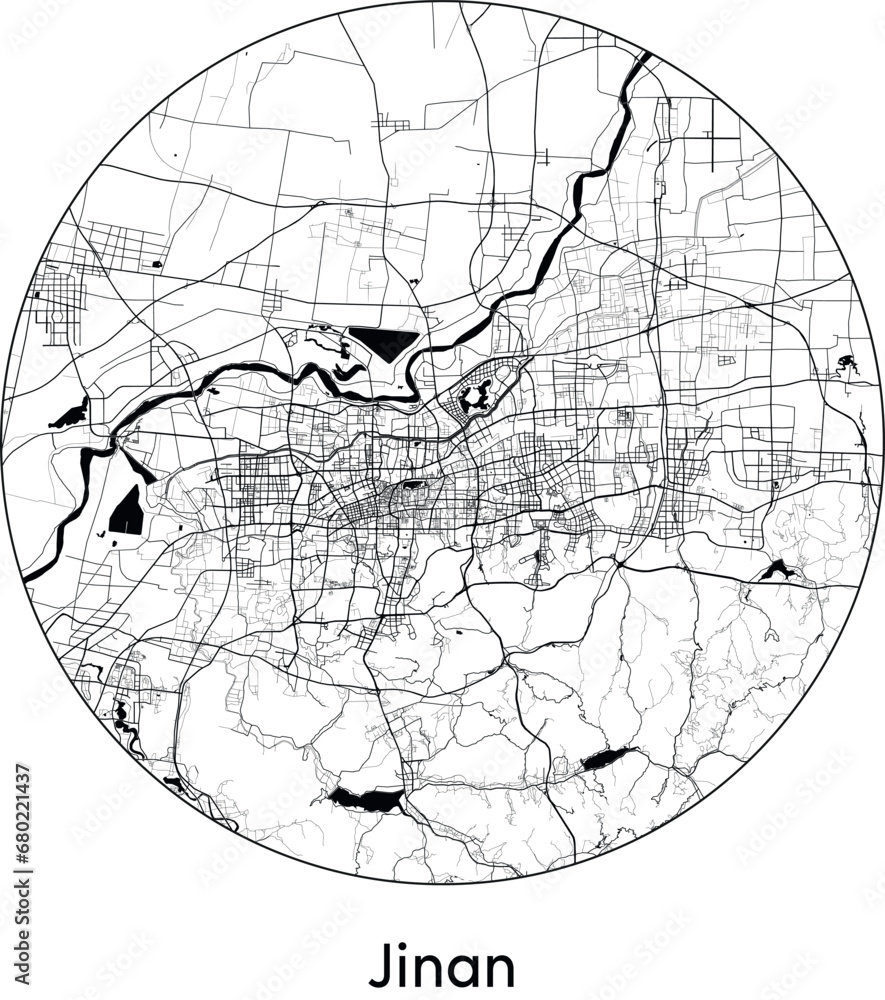 Obraz premium Minimal City Map of Jinan (China, Asia) black white vector illustration