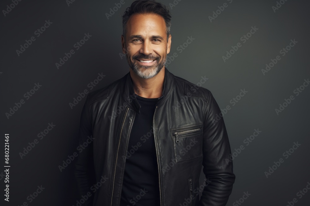 Portrait of a happy man in his 40s sporting a classic leather jacket against a minimalist or empty room background. AI Generation Portrait of a happy man in his 40s sporting a classic leather jacket against a minimalist or empty room background. AI Generation