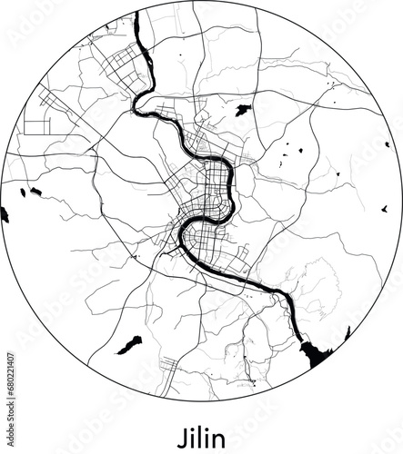 Minimal City Map of Jilin (China, Asia) black white vector illustration