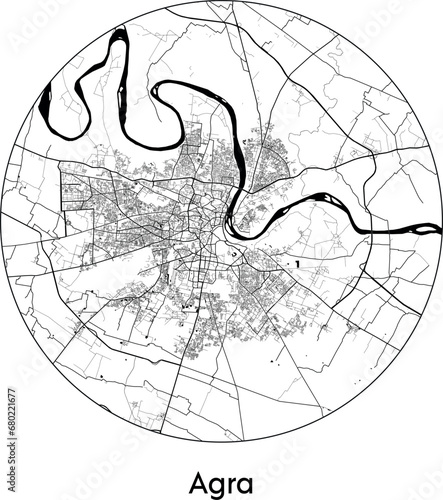 Minimal City Map of Agra (India, Asia) black white vector illustration
