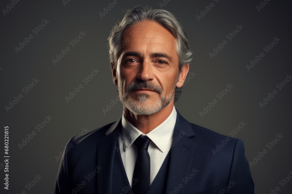 Portrait of a satisfied man in his 50s wearing a professional suit jacket against a minimalist or empty room background. AI Generation Portrait of a satisfied man in his 50s wearing a professional suit jacket against a minimalist or empty room background. AI Generation