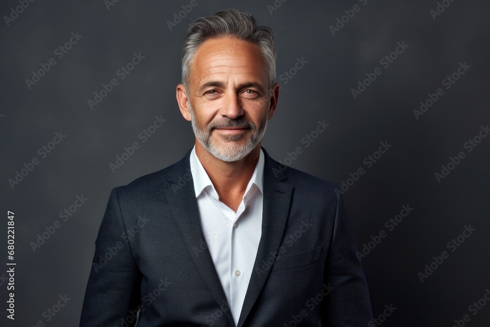 Portrait of a satisfied man in his 50s wearing a professional suit jacket against a minimalist or empty room background. AI Generation Portrait of a satisfied man in his 50s wearing a professional suit jacket against a minimalist or empty room background. AI Generation