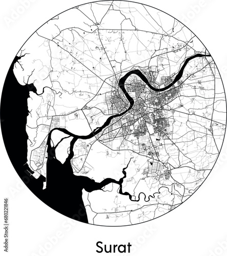 Minimal City Map of Surat (India, Asia) black white vector illustration photo