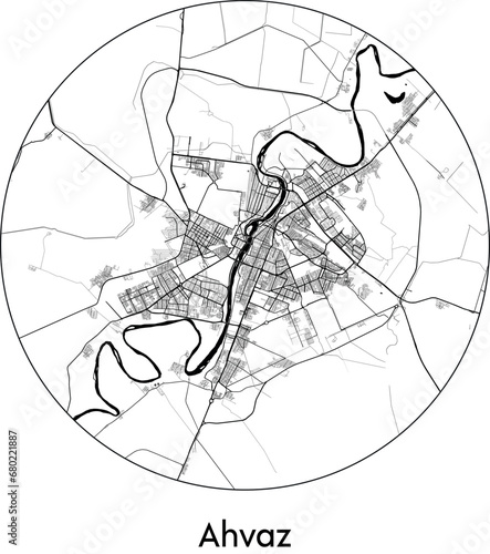 Minimal City Map of Ahvaz (Iran, Asia) black white vector illustration photo