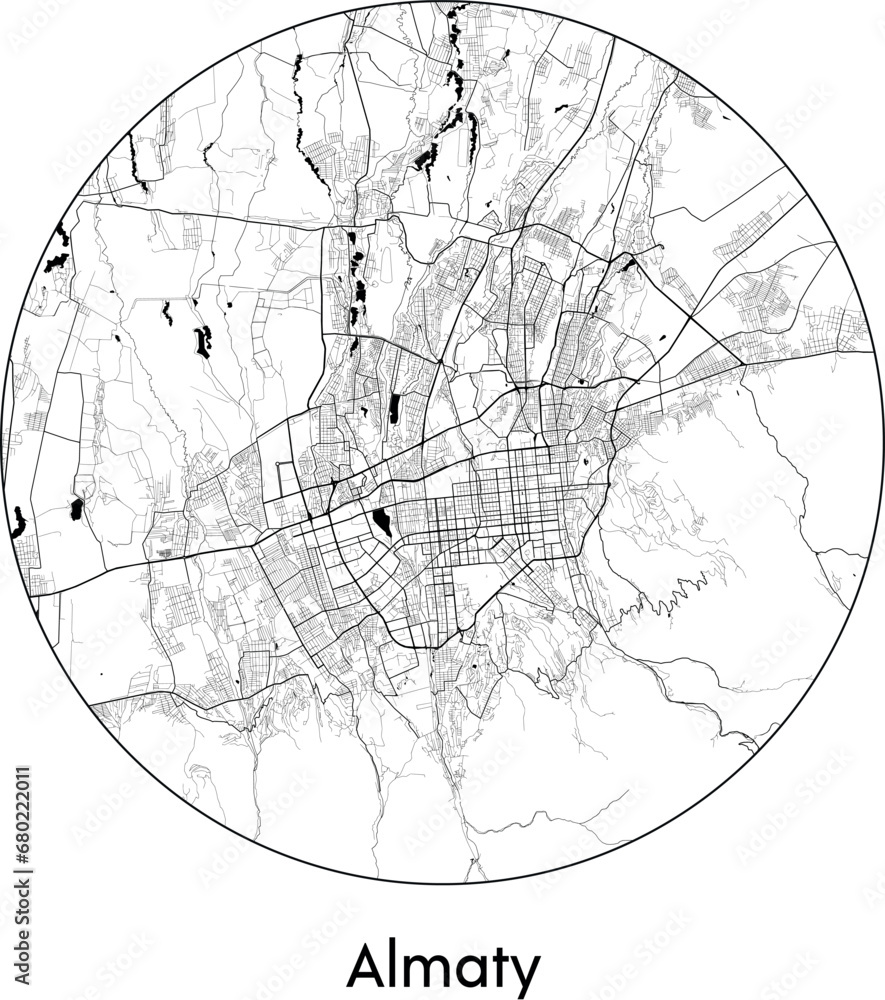 Minimal City Map of Almaty (Kazakhstan, Asia) black white vector illustration