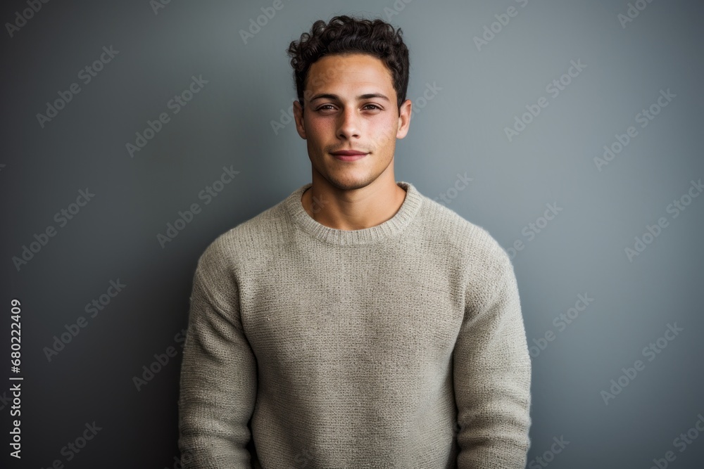 Obraz premium Portrait of a glad man in his 20s dressed in a warm wool sweater against a minimalist or empty room background. AI Generation