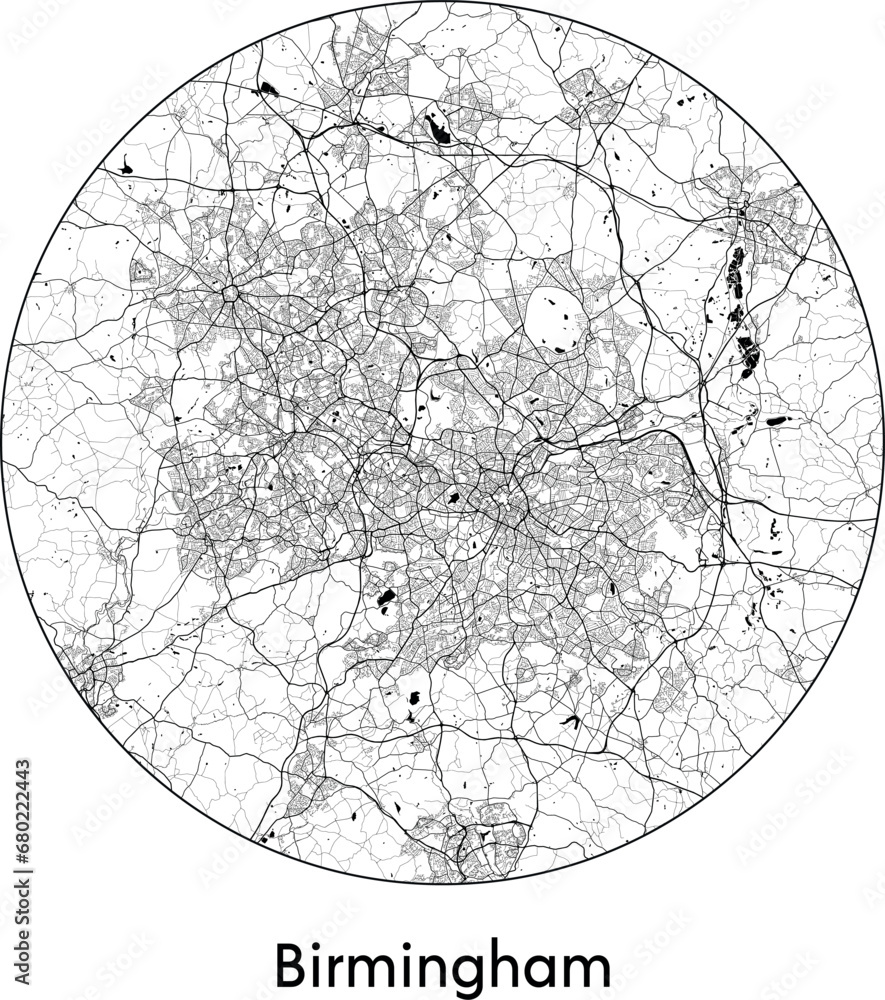 Minimal City Map of Birmingham (United Kingdom, Europe) black white vector illustration Minimal City Map of Birmingham (United Kingdom, Europe) black white vector illustration