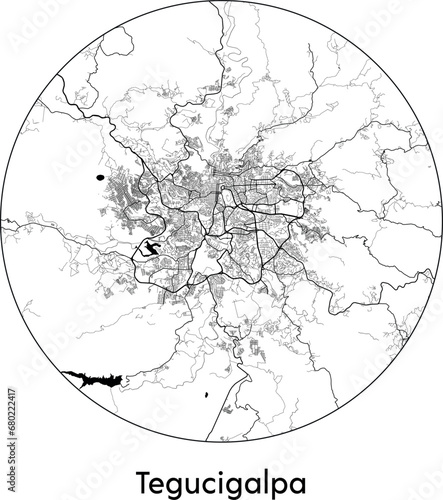 Minimal City Map of Tegucigalpa (Honduras, North America) black white vector illustration