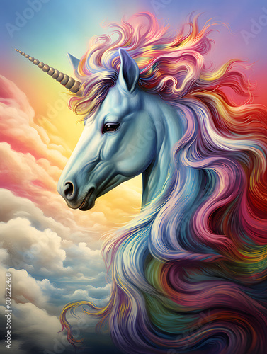Unicorn. A fabulous white horse with a multicolored mane and tail. A mythical creature. Colorful illustration in light blue and pink tones.